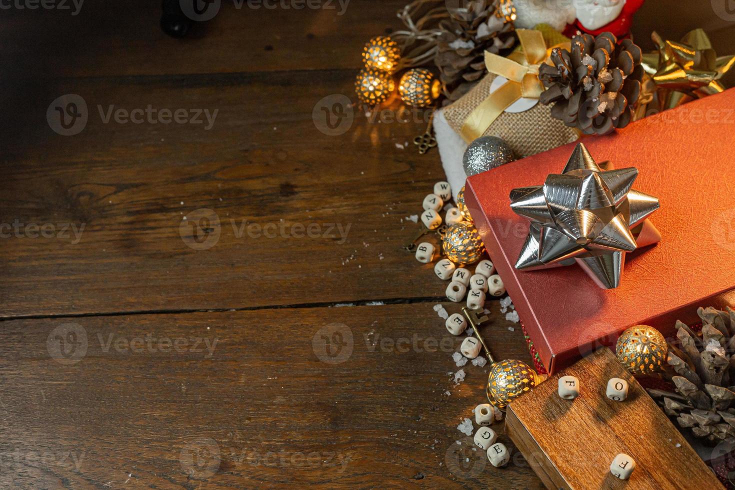 Christmas equipment decorations on wood background for holiday concept. photo