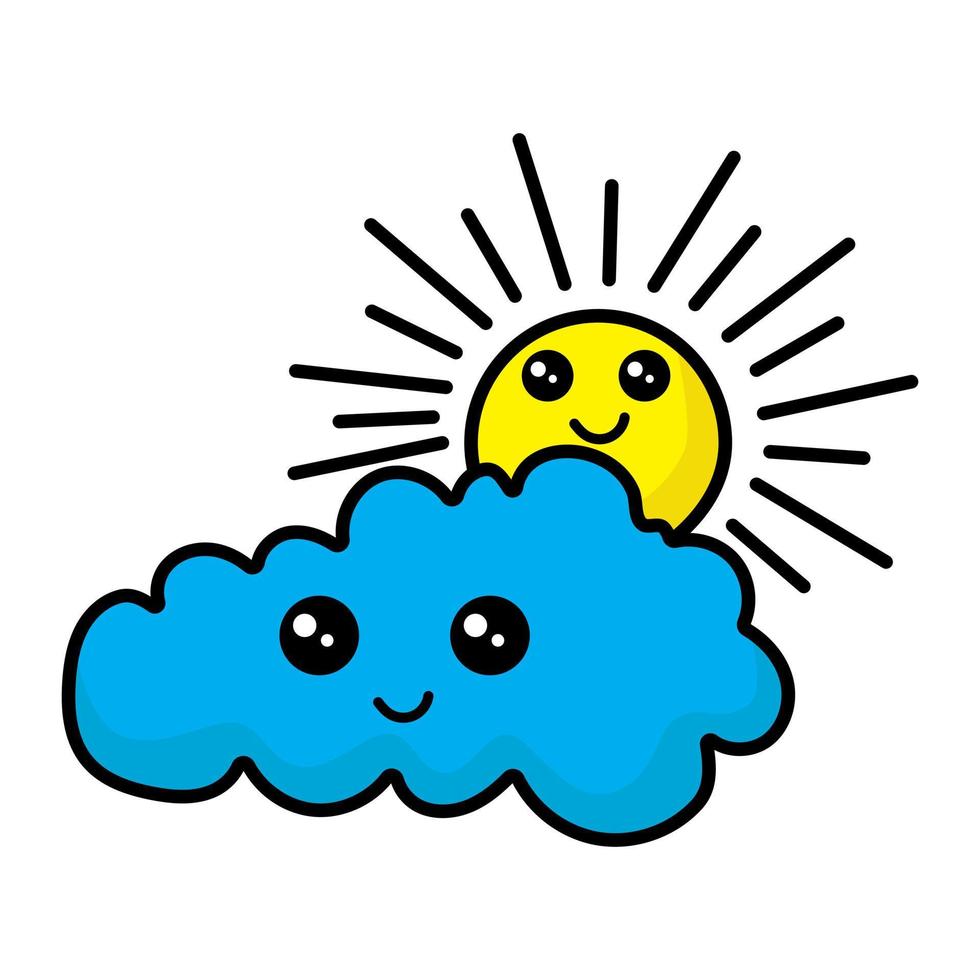icono del logotipo del emoticono de sol y nube con una cara linda, eps editables 10 vector