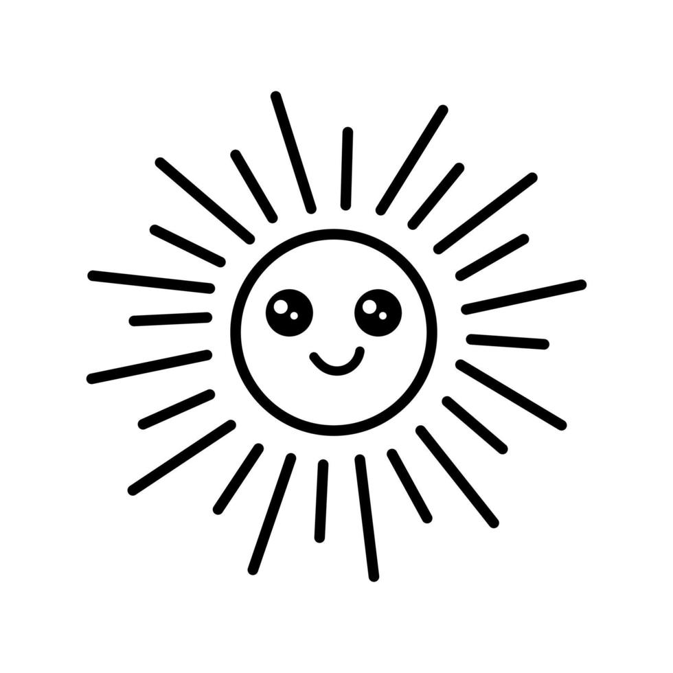 Cute black and white smiling kawaii sun icon. vector