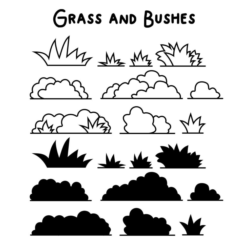 Doodle set with green grass sketch. Hand drawn line. Vector outline illustration. Lawn grass sketch in line art style. Outline simple cartoon doodle