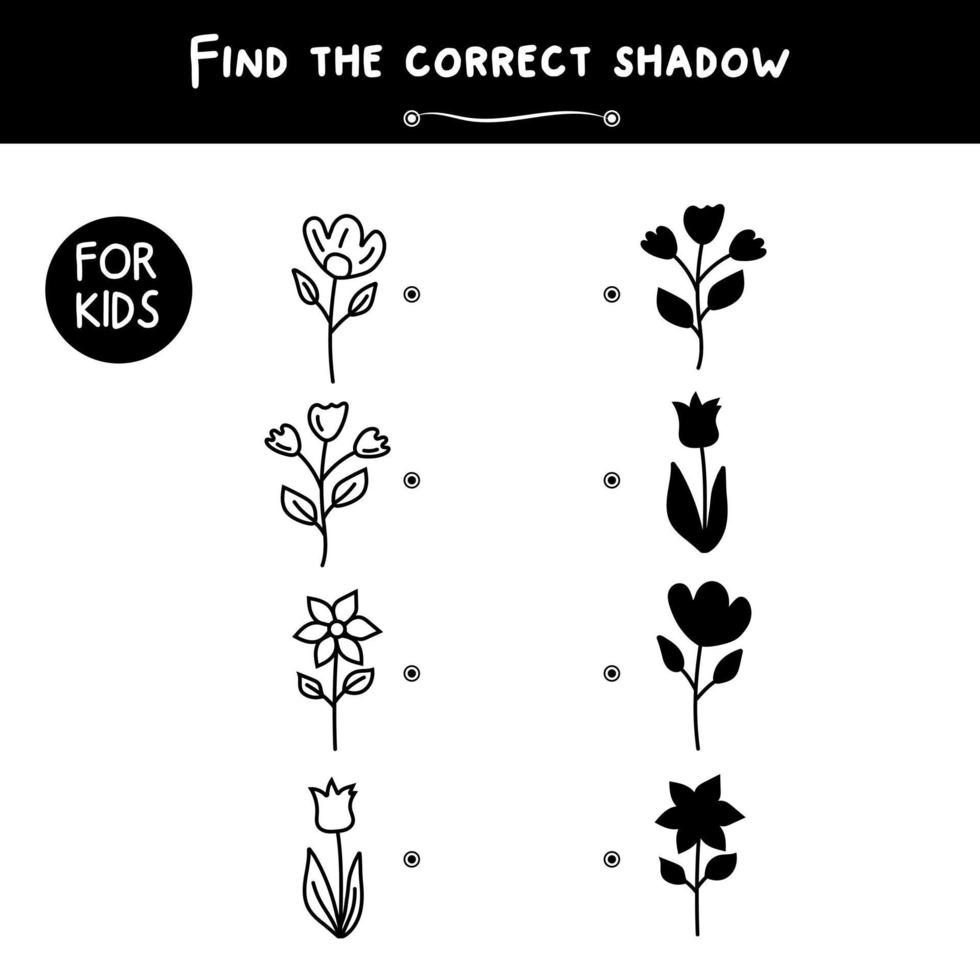 Small cute black flowers. Find the correct shadow. Educational game for children. Cartoon vector illustration