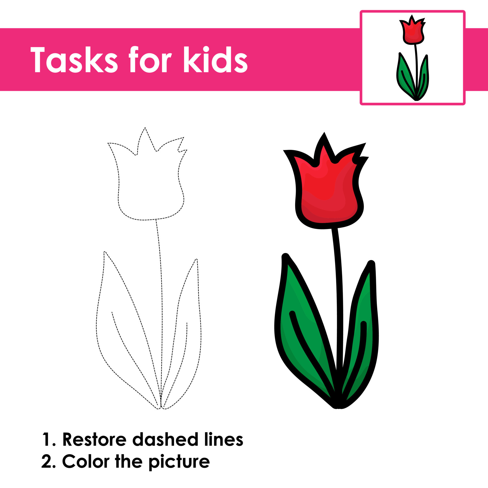 Trace and color cute tulip on pot. Worksheet for children. 10346247