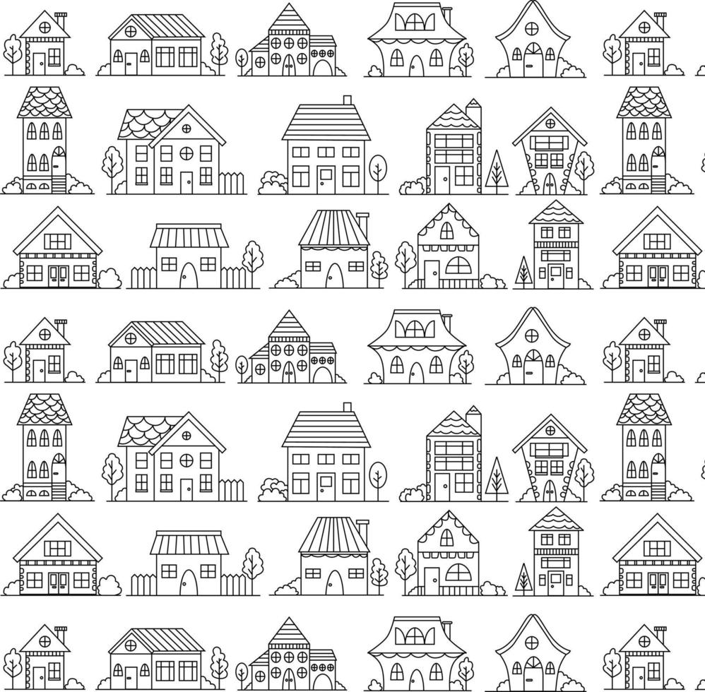 Hand drawn linear houses seamless pattern. Cartoon buildings background vector