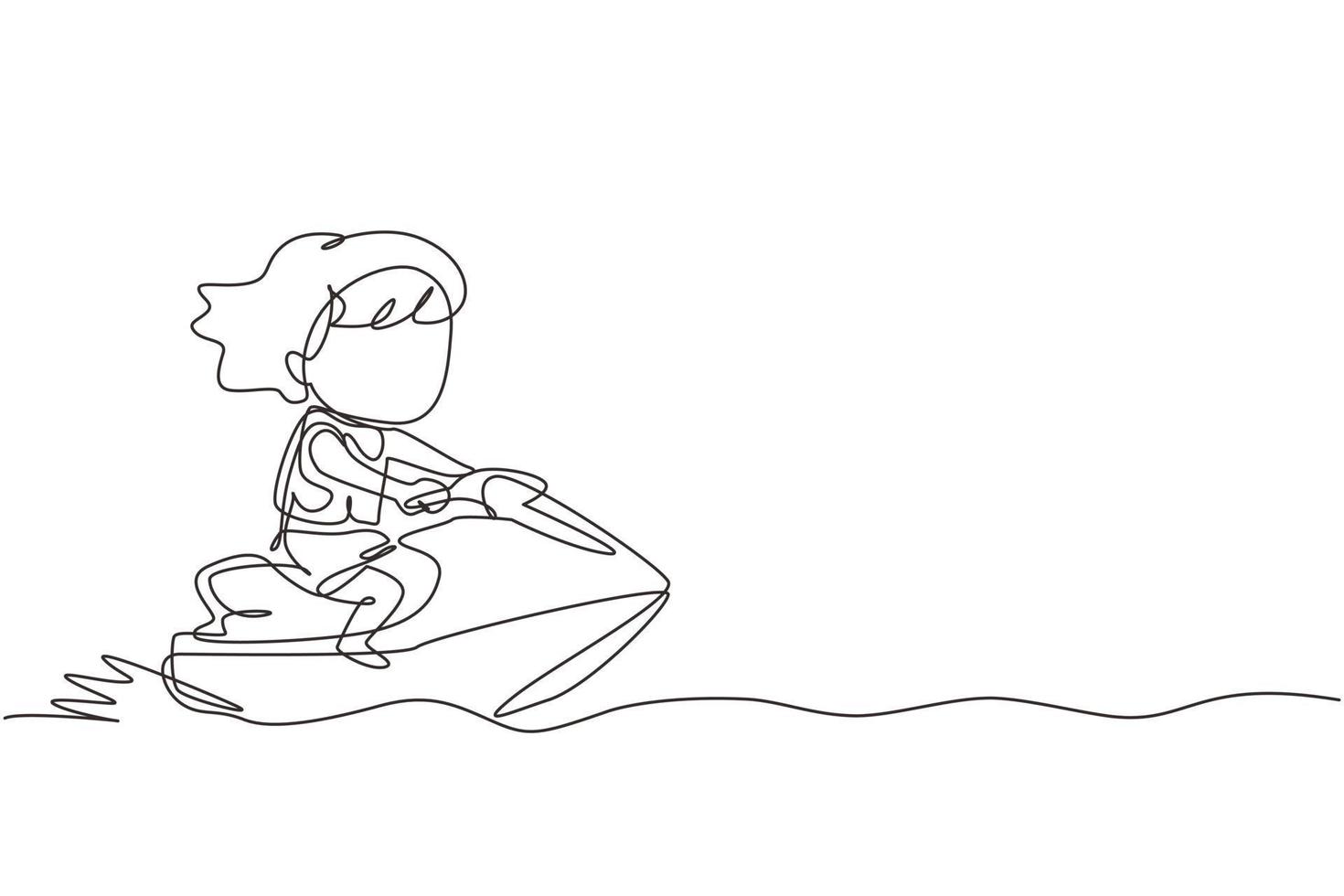 Continuous one line drawing little girl riding jet ski. Happy smiling child with rides water scooter on ocean waves. Summer water sport concept. Single line draw design vector graphic illustration