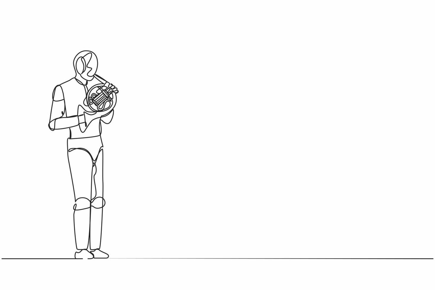 Continuous one line drawing robot musician performing classic melody on horn. Instrumentalist on brass instrument. Humanoid robot cybernetic organism. Single line graphic design vector illustration