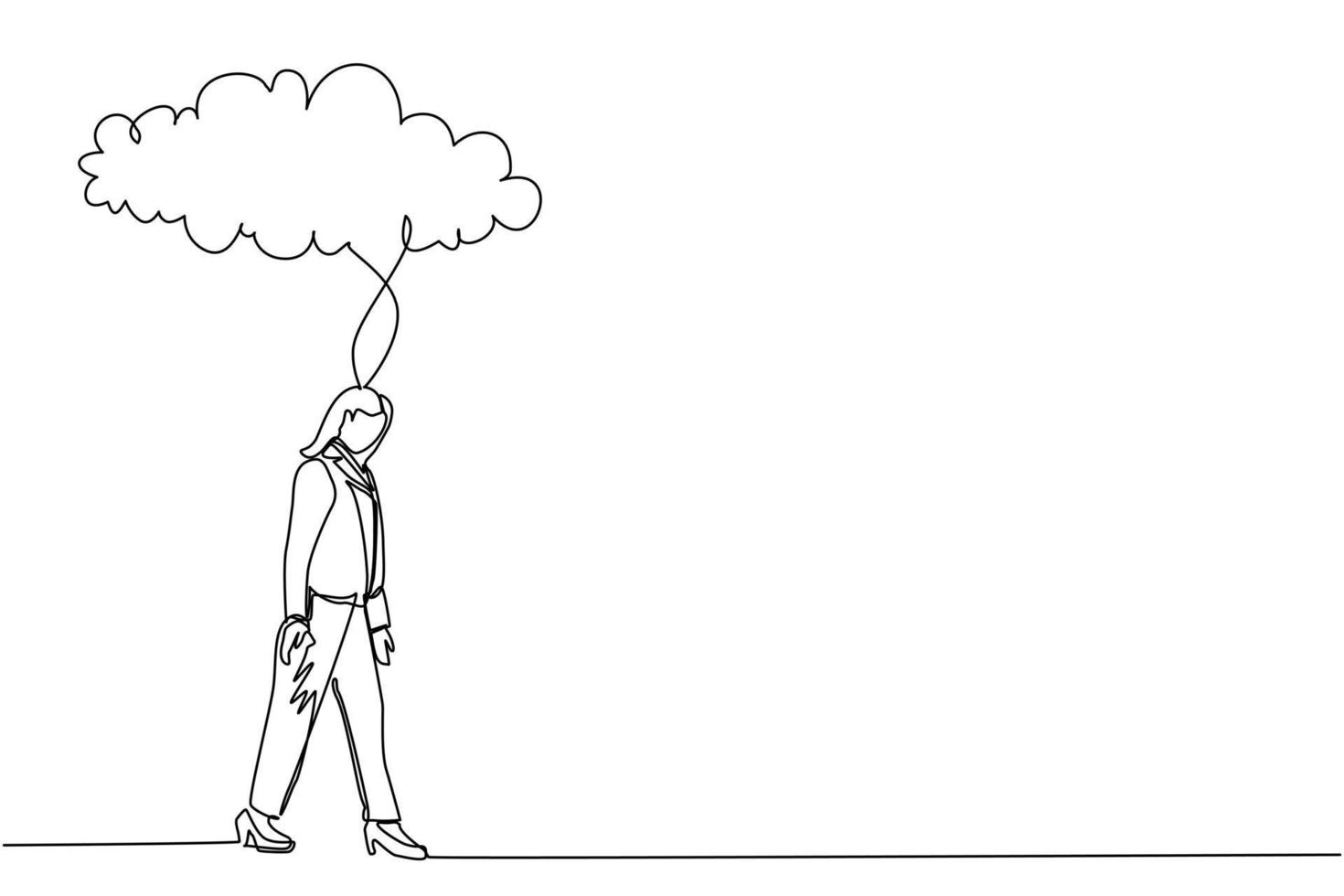 Single continuous line drawing unhappy depressed sad businesswoman in stress walking under rain cloud. Alone loser female depression. Loneliness in overcast weather. One line graphic design vector