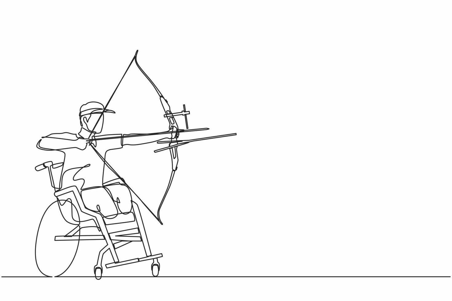 Continuous one line drawing disabled archer male athlete aiming with sports bow. Archery sport equipment for athletes. Disability archer man aiming an arrow. Single line draw design vector graphic