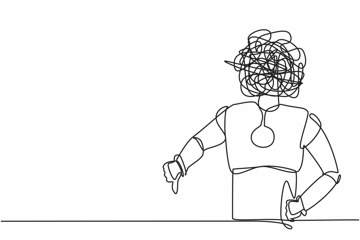 Single continuous line drawing robot with round scribbles instead of head, showing thumbs down sign, dislike, disapproval. Robotic artificial intelligence. One line graphic design vector illustration