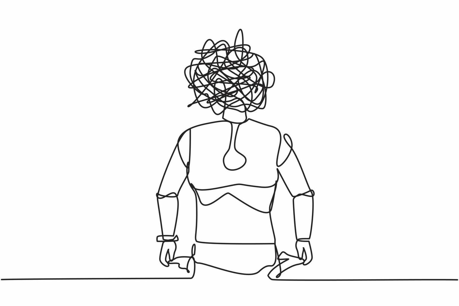 Single one line drawing robot with round scribbles instead of head. Robot with pockets turned outward, having no money. Future technology development. Continuous line draw design vector illustration