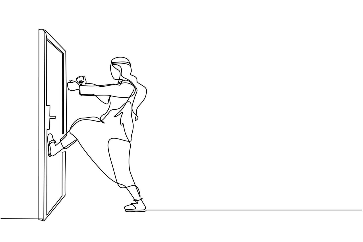 Single one line drawing Arab businessman kicks door closed with his leg. Business and success. Aggressive business approach. Business struggles. Continuous line draw design graphic vector illustration
