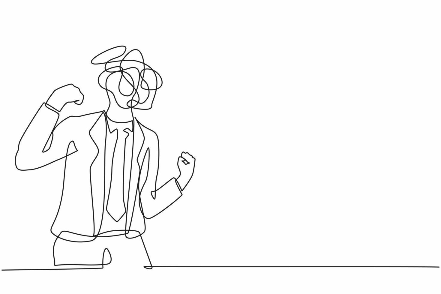 Single one line drawing businessman with round scribbles instead of head. Angry male manager in suit standing showing threatening gesture with clenched fist. Continuous line draw graphic design vector