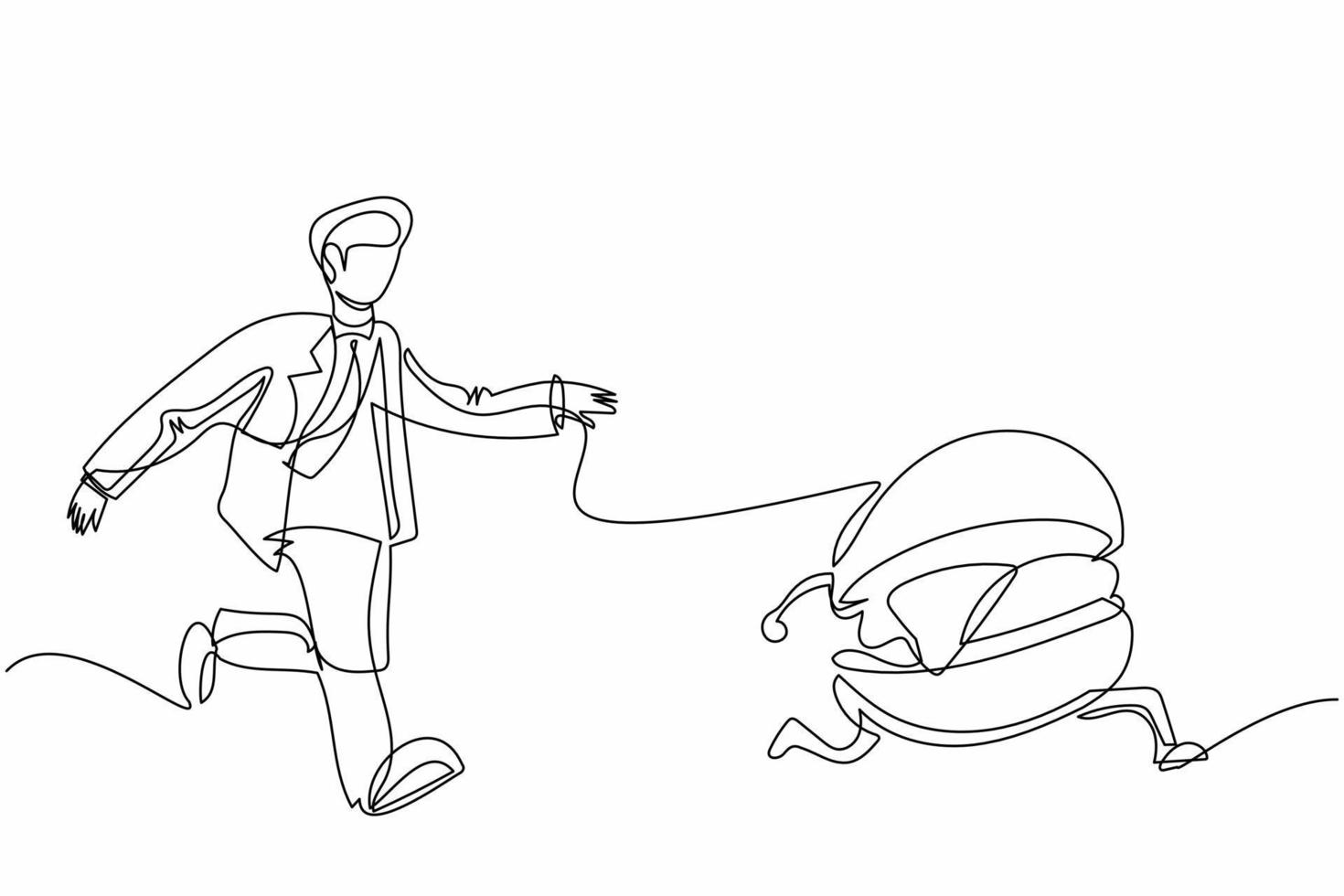 Single continuous line drawing businessman run chasing try to catch tasty fast food hamburger. Junk food, unhealthy, overweight, obesity. Business metaphor. One line draw design vector illustration