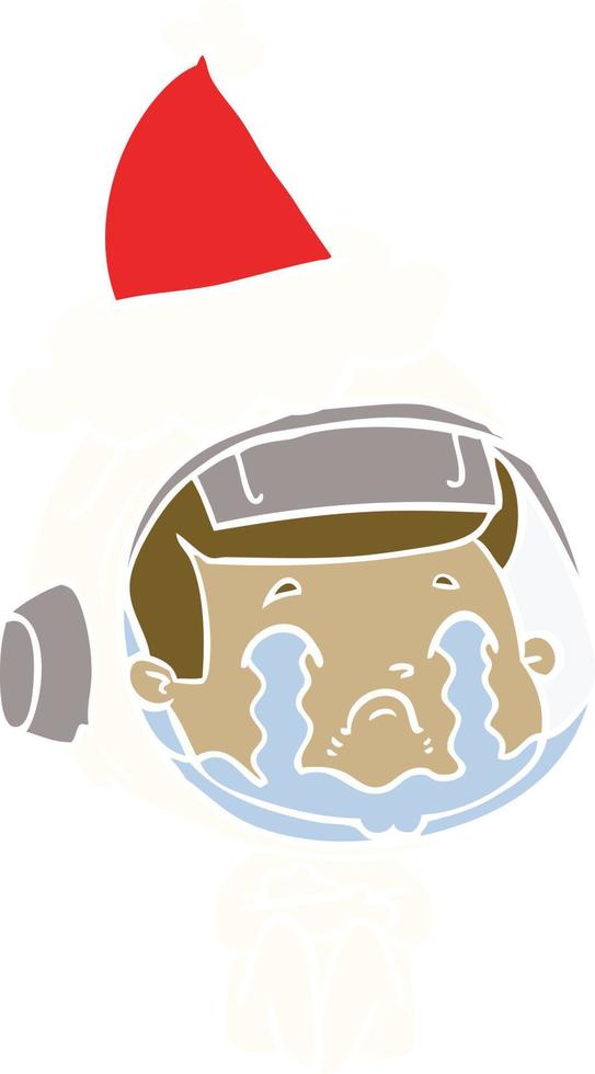 flat color illustration of a crying astronaut wearing santa hat vector