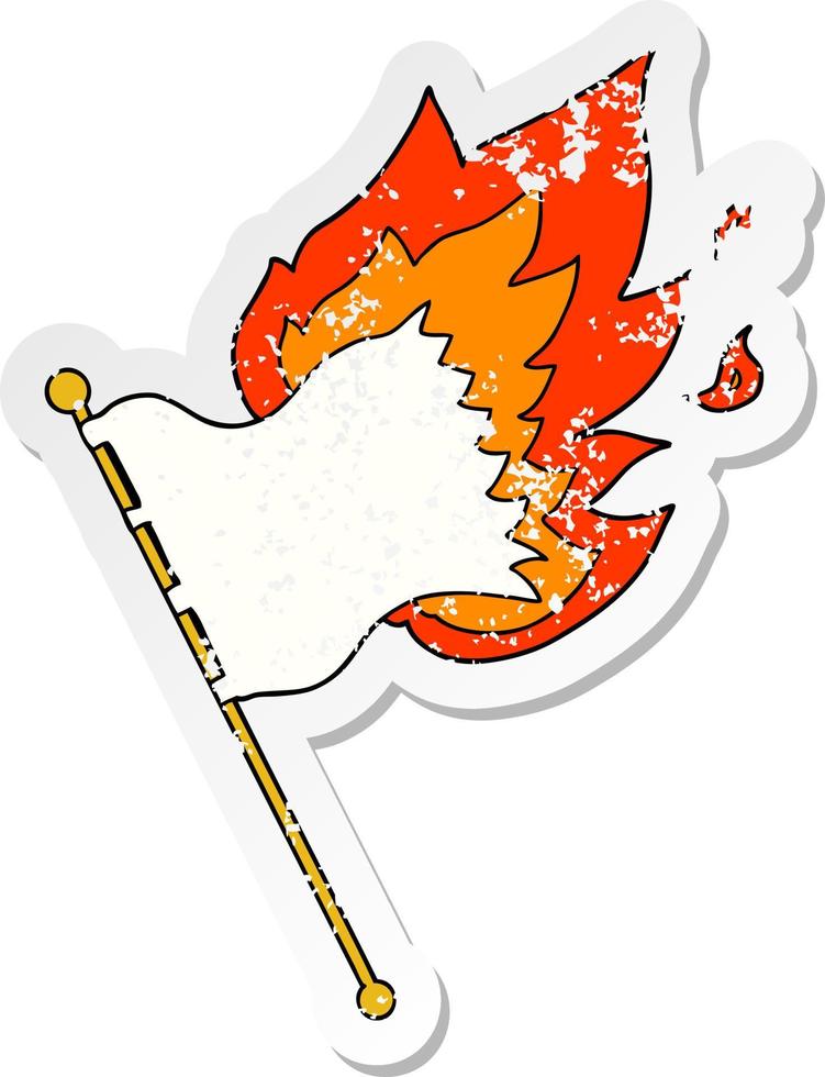 distressed sticker of a cartoon burning flag vector