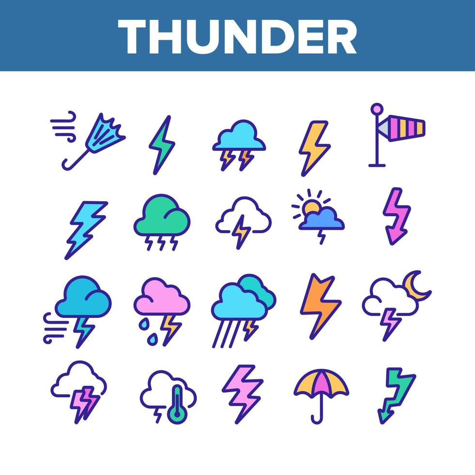 Thunder And Lightning Color Icons Set Vector