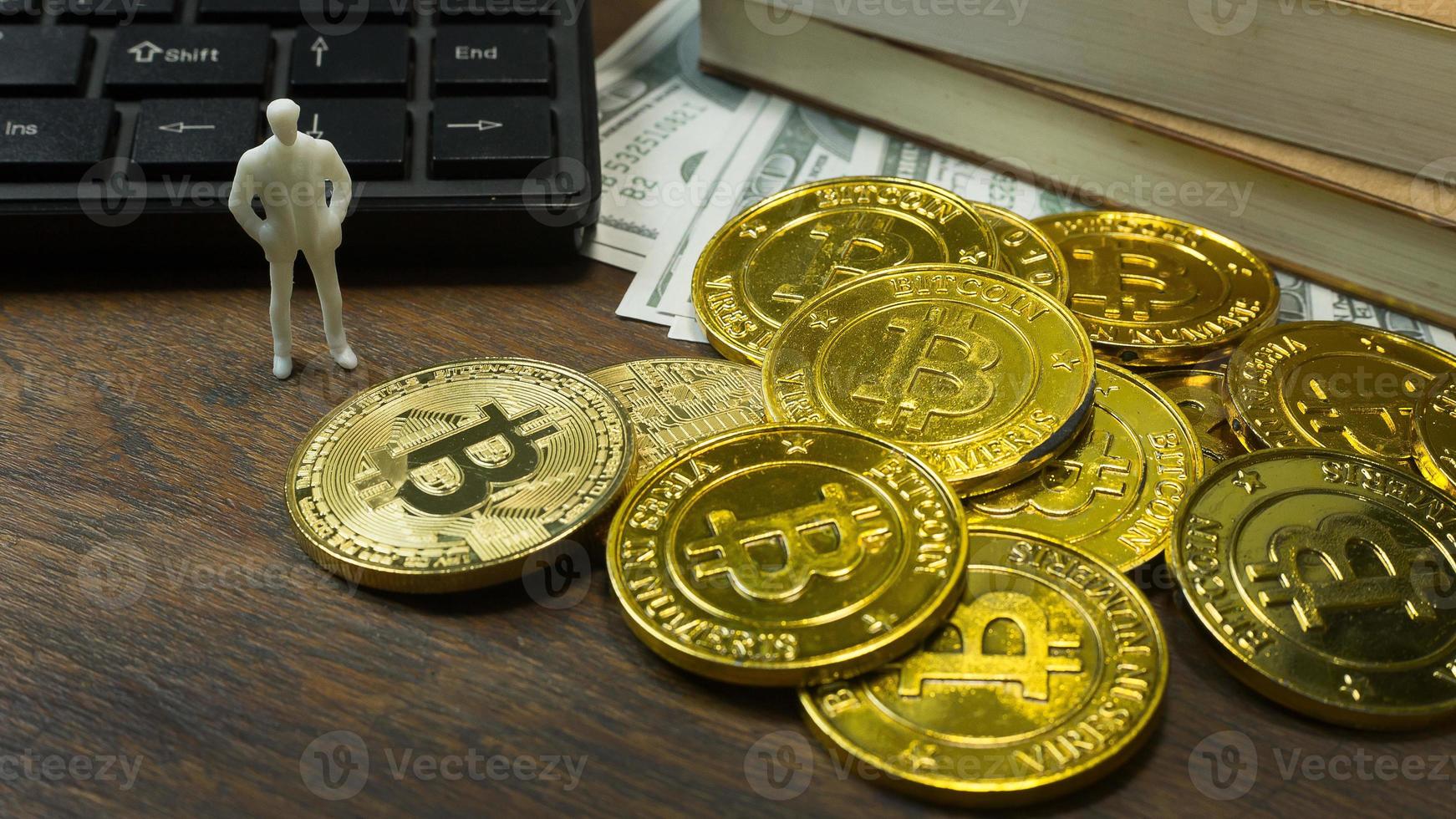 white miniature and gold coin bitcoin abstract image close up background. photo