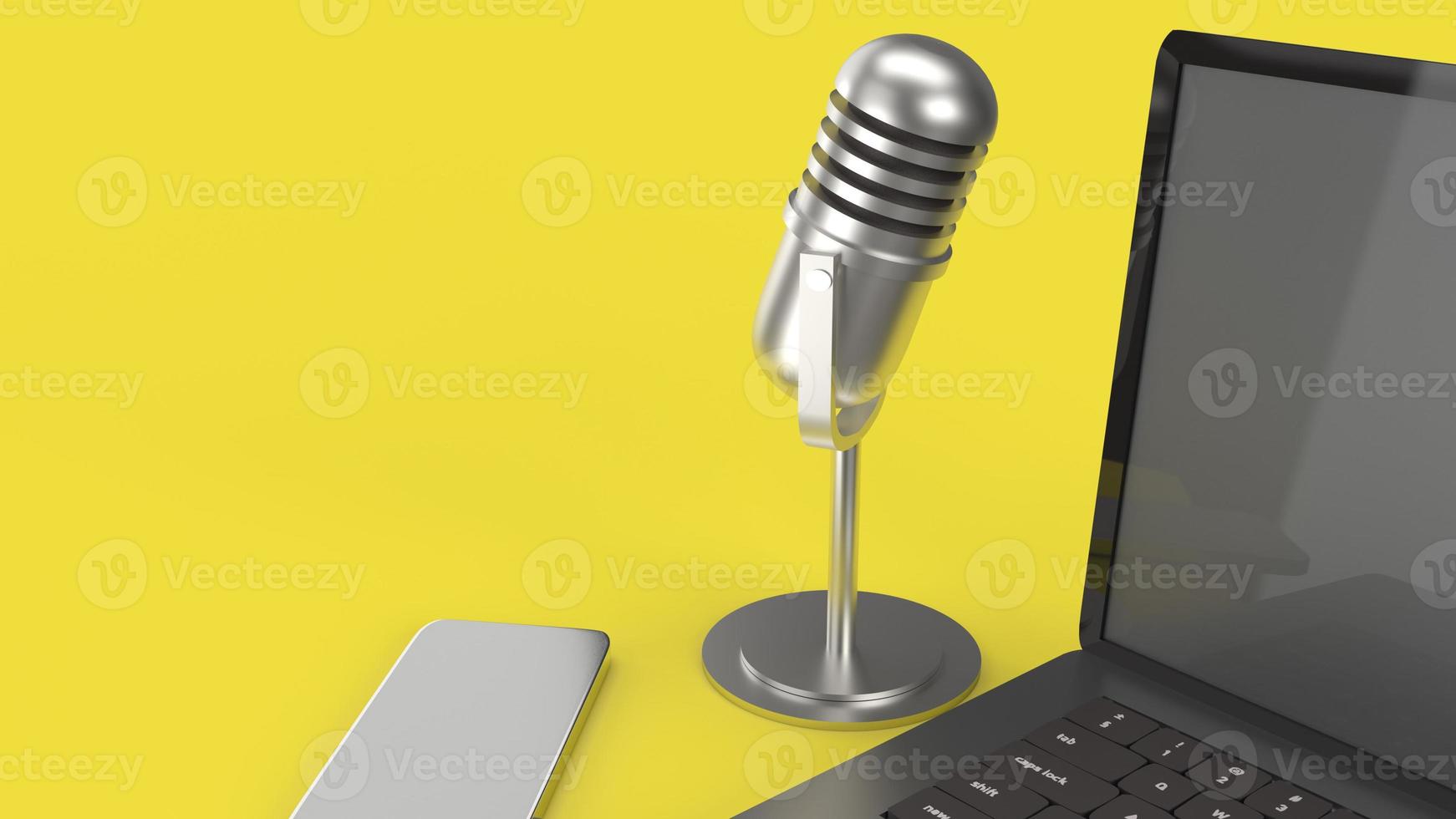 vintage mic  notebook and smartphone on yellow background 3d rendering for podcast  content. photo