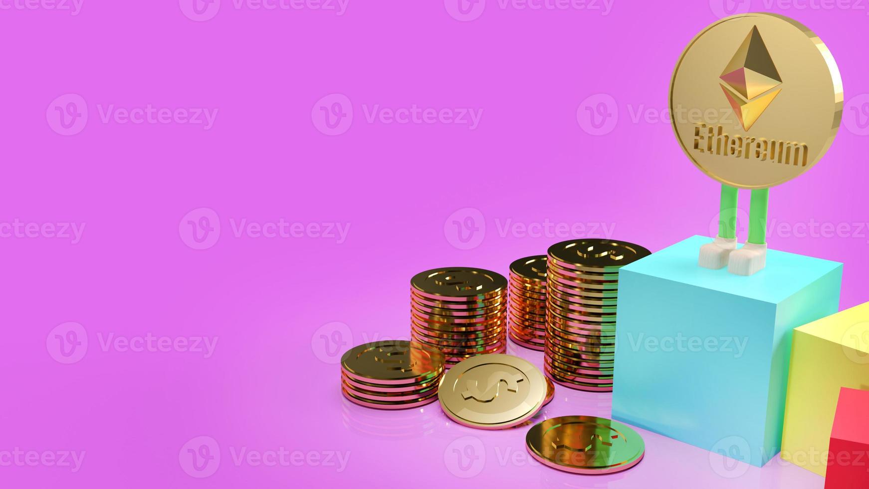 Ethereum coins and gold coins on purple background 3d rendering. photo