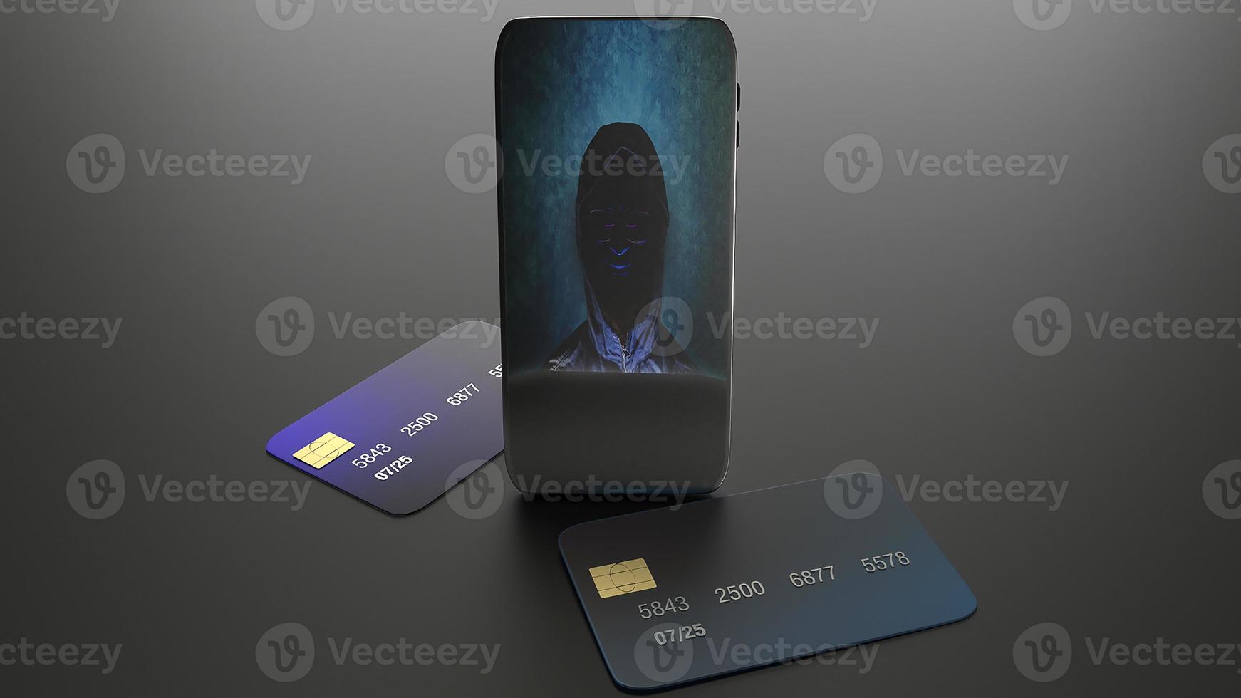 móvil y tarjeta de crédito para la representación 3d del concepto de ciberseguridad. foto