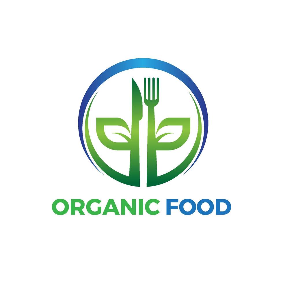 circle organic food logo with leaf spoon and fork illustration vector