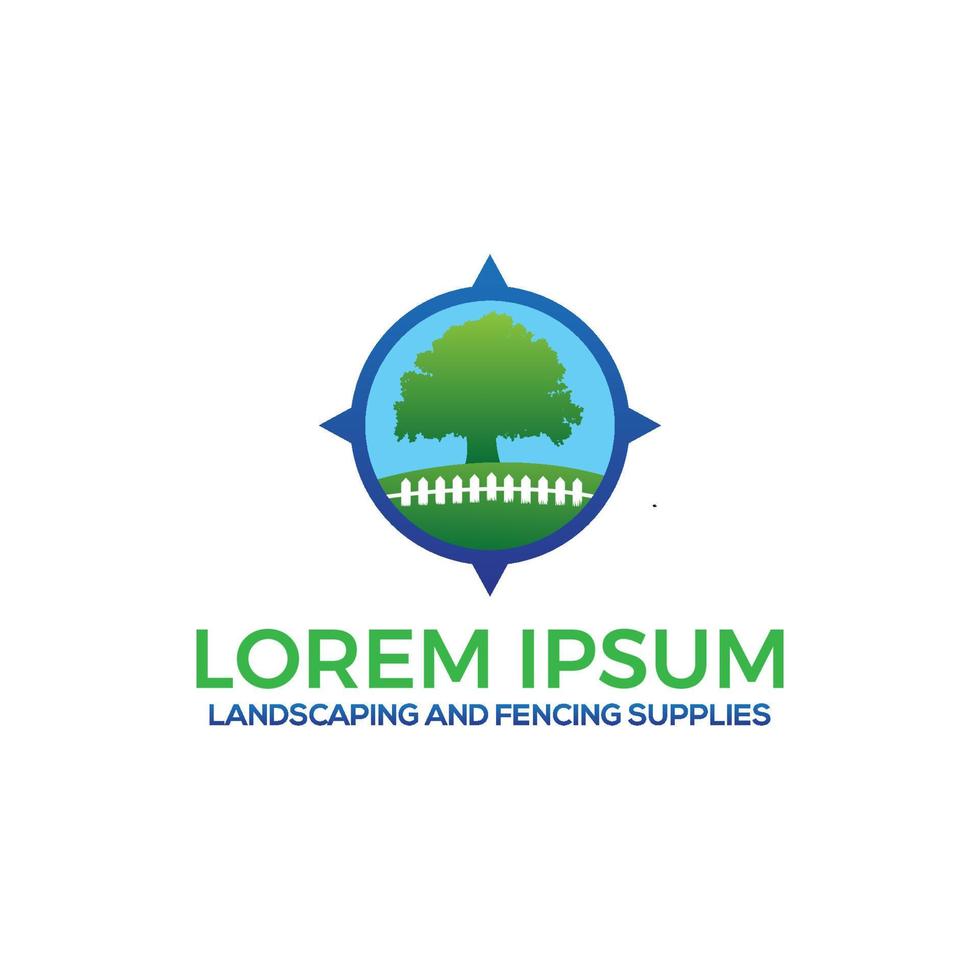 lanscaping and fencing supply logo template with tree and fence illustration vector