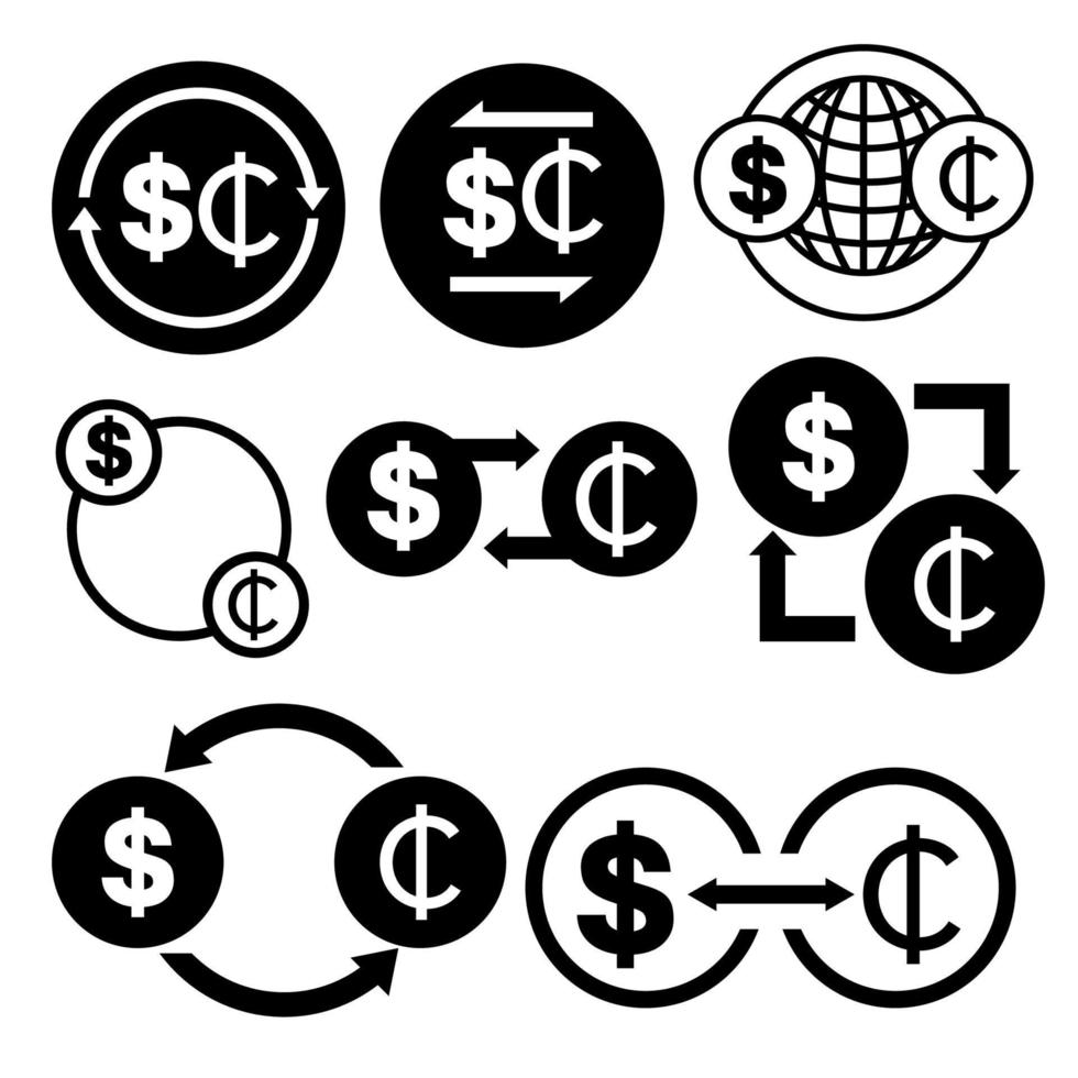 icono de conversión de dinero en blanco y negro de dólar a conjunto de paquetes de vectores cedi