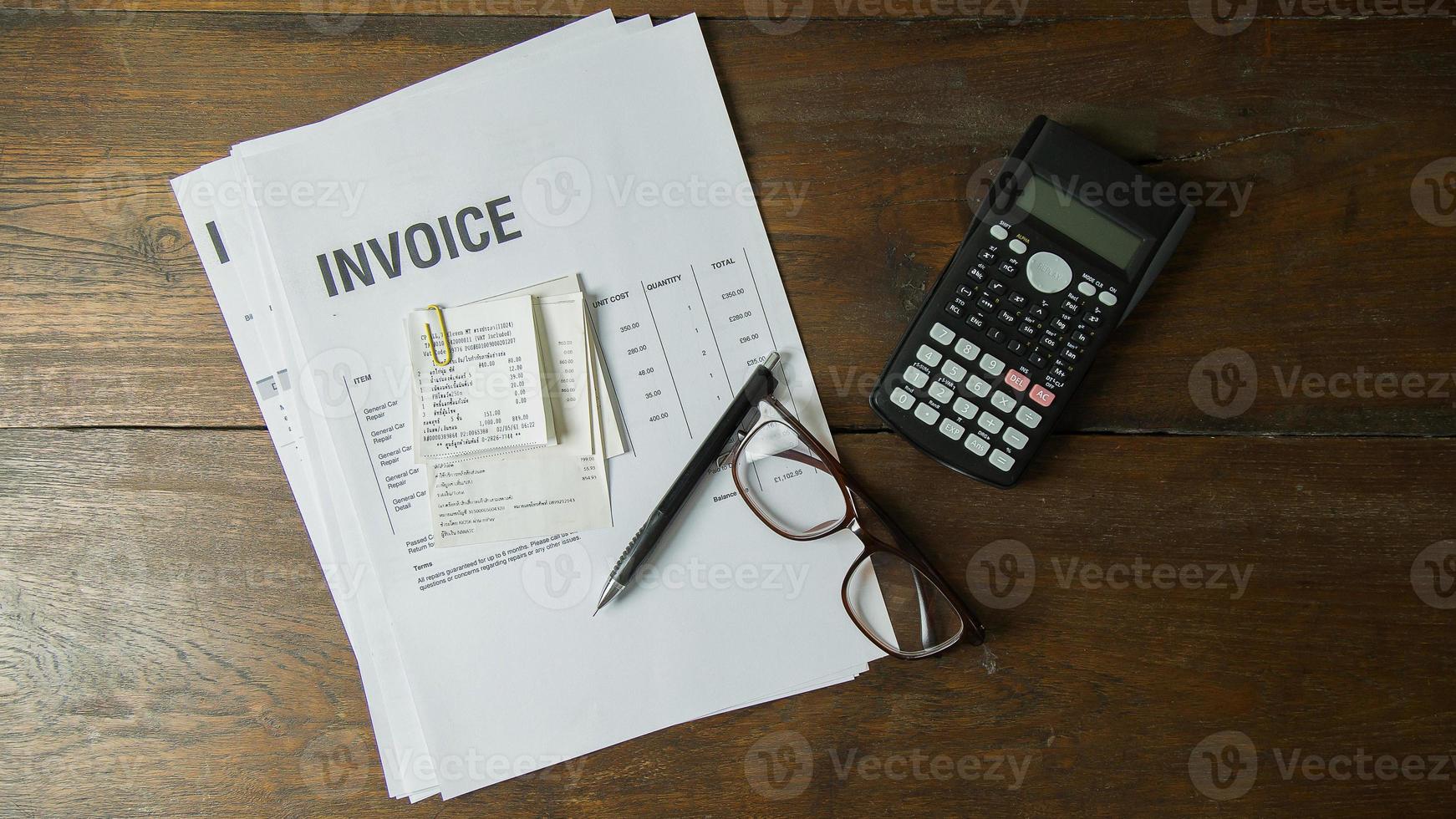 Business person working on wood table Flat lay background. photo