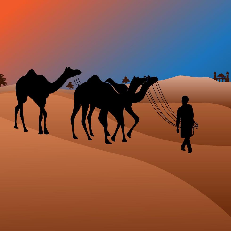 hombre árabe viaje con camellos por el desierto en la noche ilustración vectorial vector