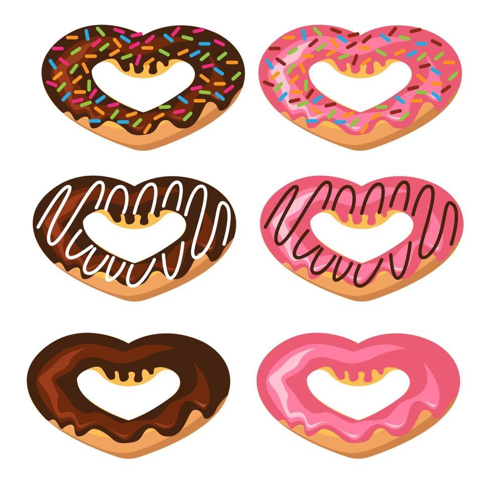 Colorful love heart shapes donut vector set isolated on white background