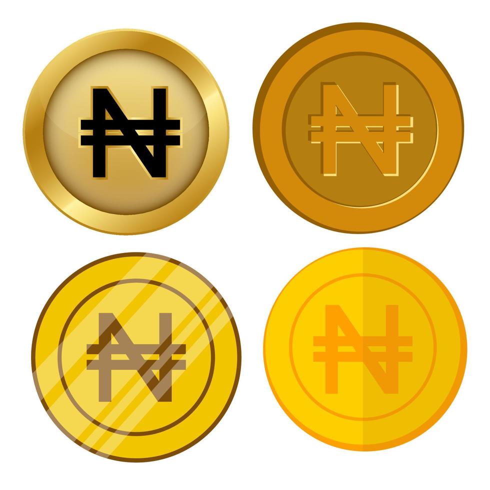 four different style gold coin with naira currency symbol vector set