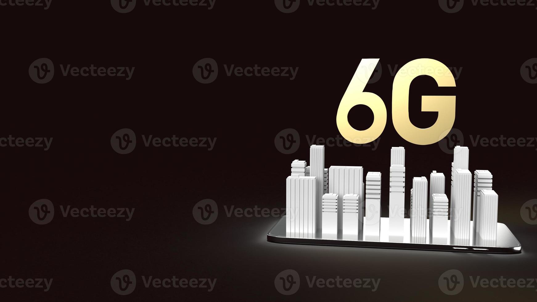 The 3d rendering 6g text gold surface glow on smartphone and building  in dark image for mobile technology content. photo