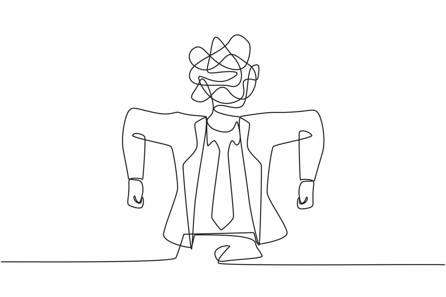 Single continuous line drawing businessman with round scribbles instead of a head. Angry male manager. Emotional executive in rage. Feeling anger. One line draw graphic design vector illustration