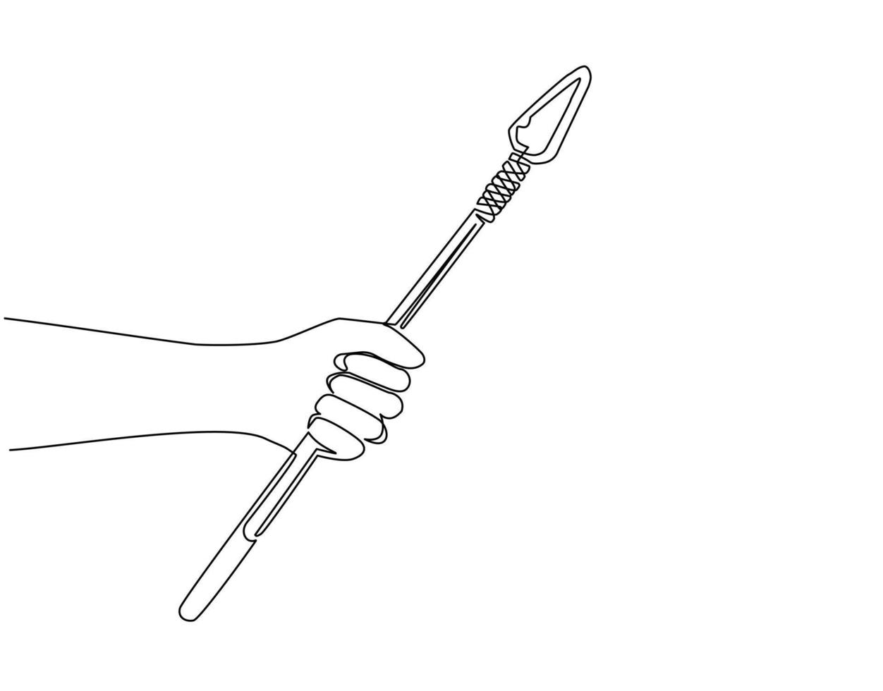 Continuous one line drawing man hand holding ancient stone age spear hunting and military weapon of prehistoric man. Primitive culture stone tool. Single line draw design vector graphic illustration