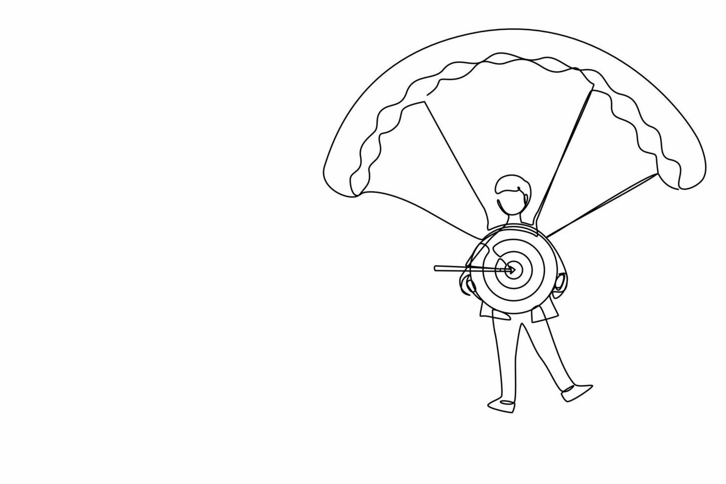 Single one line drawing businessman holding target with arrow in bullseye and jumping with parachute. Achievement and success. Business target concept. Continuous line draw design vector illustration