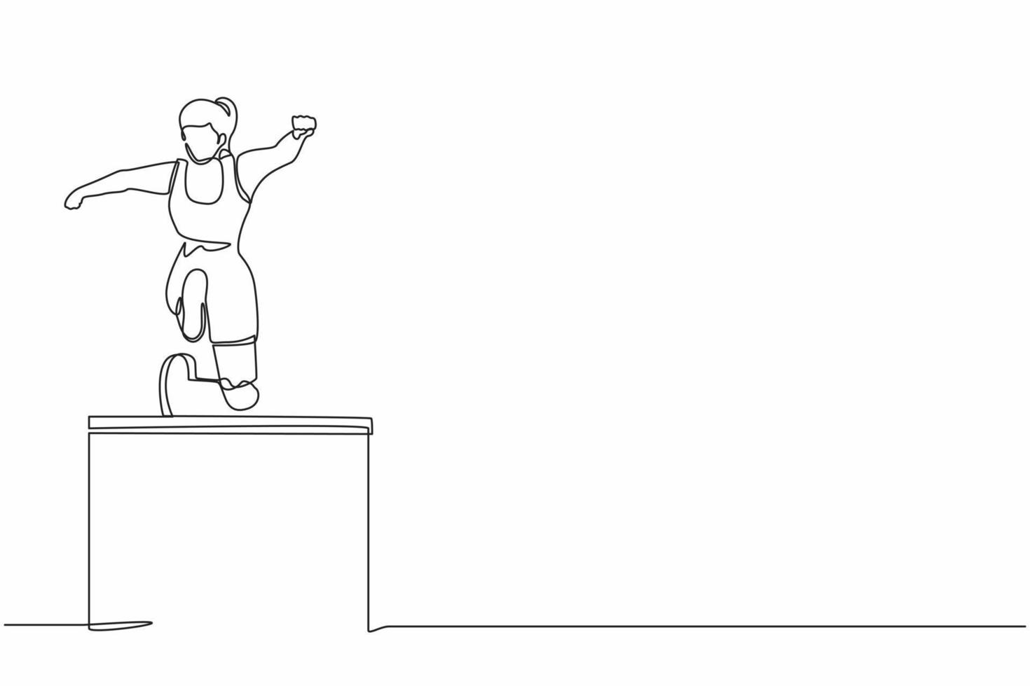 Single continuous line drawing front view amputated female athlete jumping, running over hurdle. Disability game with hurdle race. Disabled sport concept. One line graphic design vector illustration