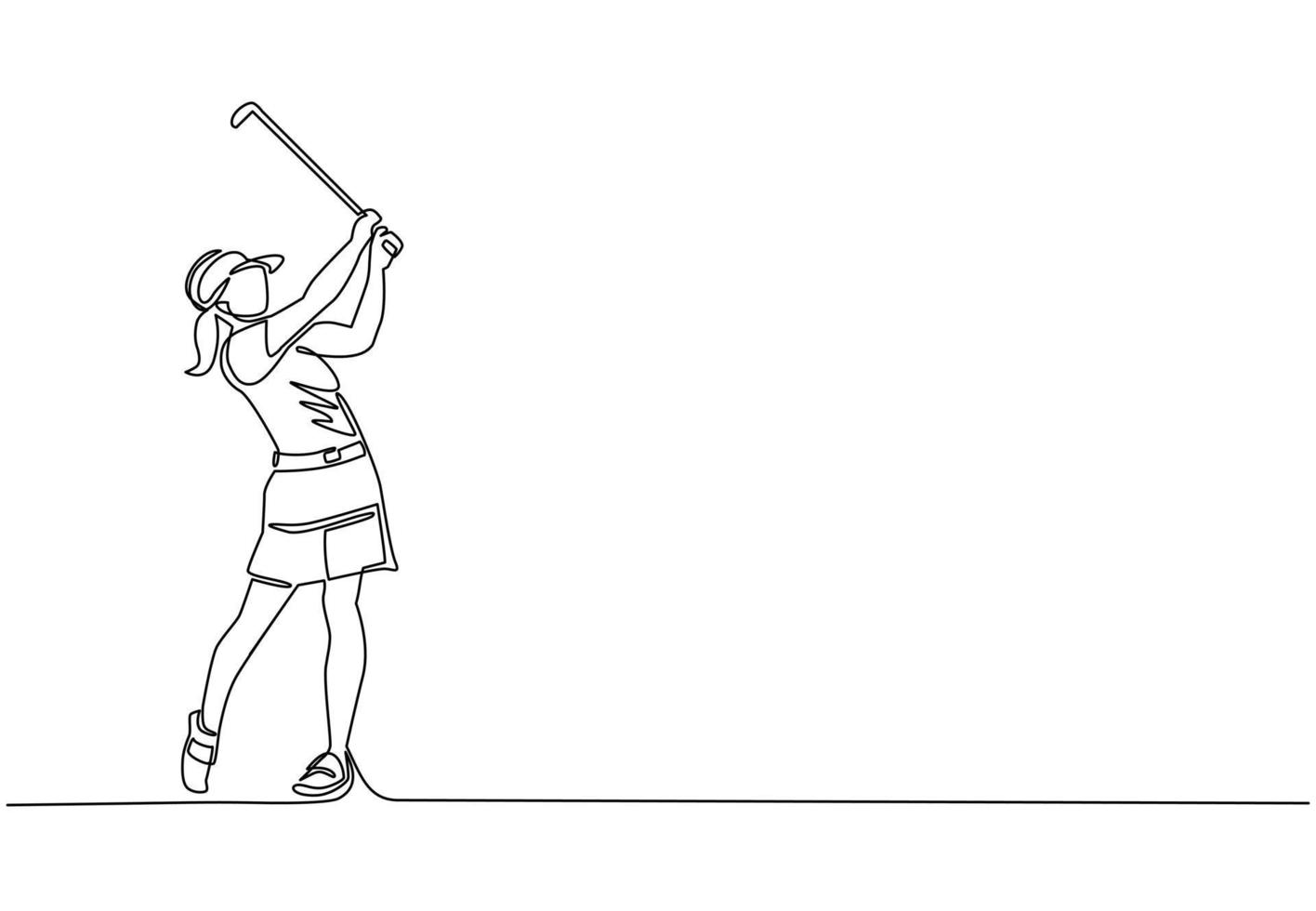 dibujo de una sola línea continua joven jugadora de golf swing club de golf y golpeó la pelota. concepto de deporte de ocio. torneo de golf profesional. estilo de vida saludable. vector de diseño gráfico de dibujo de una línea