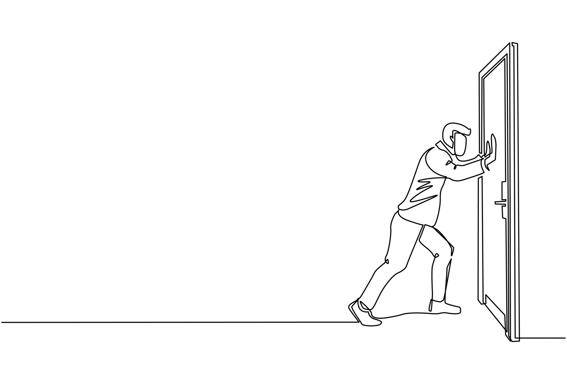 Single one line drawing businessman pushes closed door on white wooden