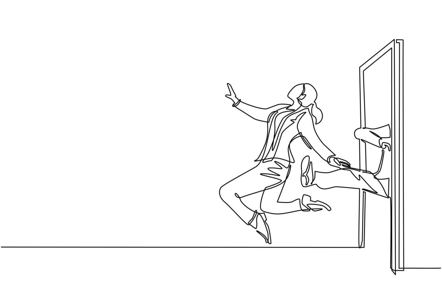 Continuous one line drawing businesswoman get kicked out of door. Dismissed from her job. Unemployment business concept. Boss kicks unnecessary employee. Single line design vector graphic illustration