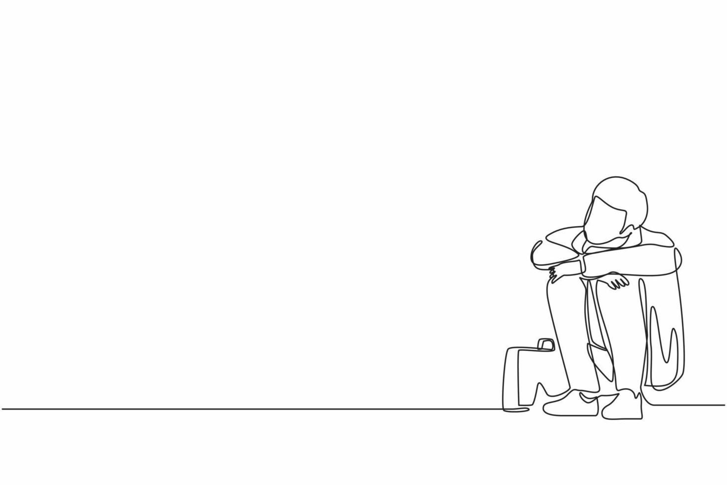 Continuous one line drawing depressed businessman suffer emotion sadness melancholy stress with briefcase sitting in despair on the floor. Worker sad gesture expression. Single line draw design vector