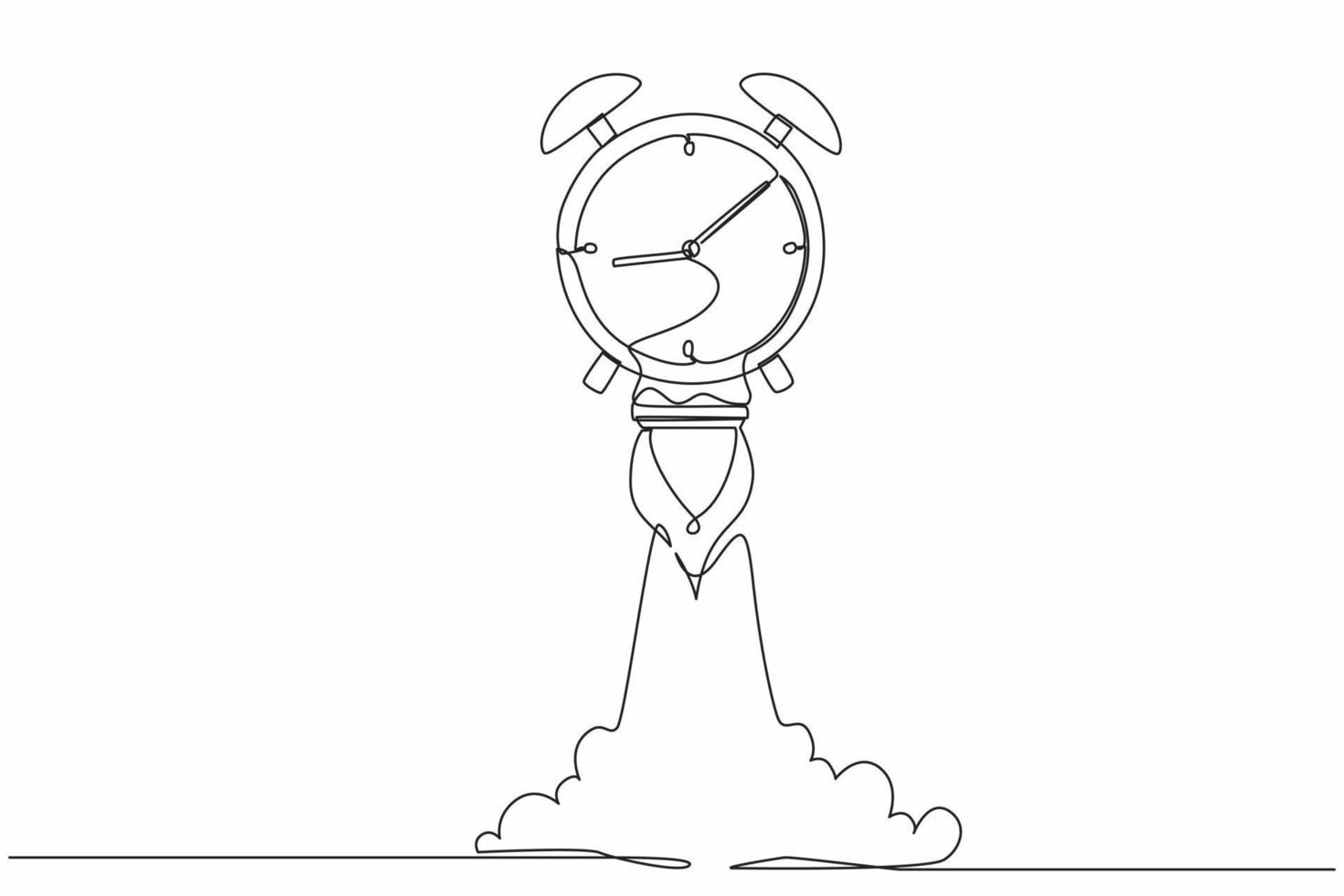 Single one line drawing rocket launch with big alarm clock. Future technology development. Artificial intelligence and machine learning process. Continuous line draw design graphic vector illustration
