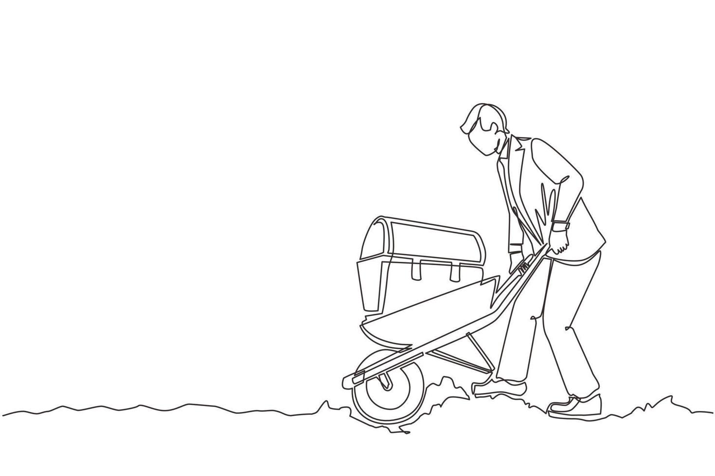 Single continuous line drawing happy businessman in suit pushing cart with treasure chest. Wheelbarrow with golds, jewelry, treasures. Business and finance concept. One line draw graphic design vector