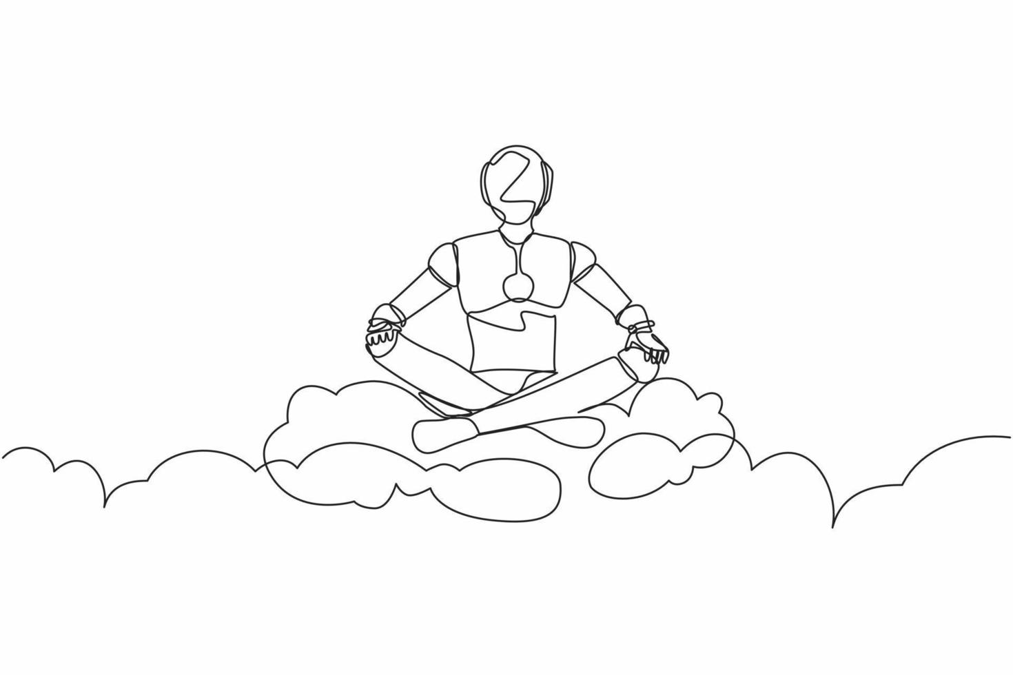 Single one line drawing robot relaxes meditation in lotus position on clouds. Future technology development. Artificial intelligence machine learning. Continuous line draw design vector illustration