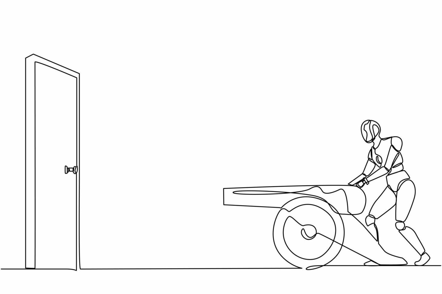 Continuous one line drawing robots ignites cannon in front of door to destroying door. Humanoid robot cybernetic organism. Future robotics development concept. Single line draw design vector graphic