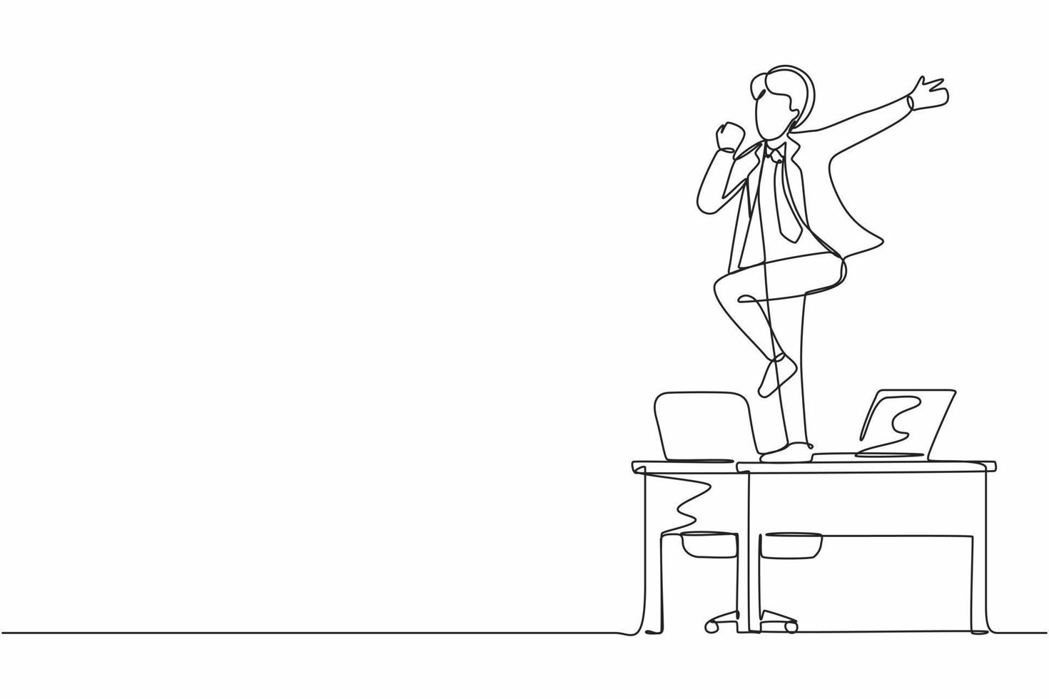 Continuous one line drawing happy office worker dancing on desk. Young businessman dancing while sitting at desk. Having fun at work. Work from home concept. Single line draw design vector graphic