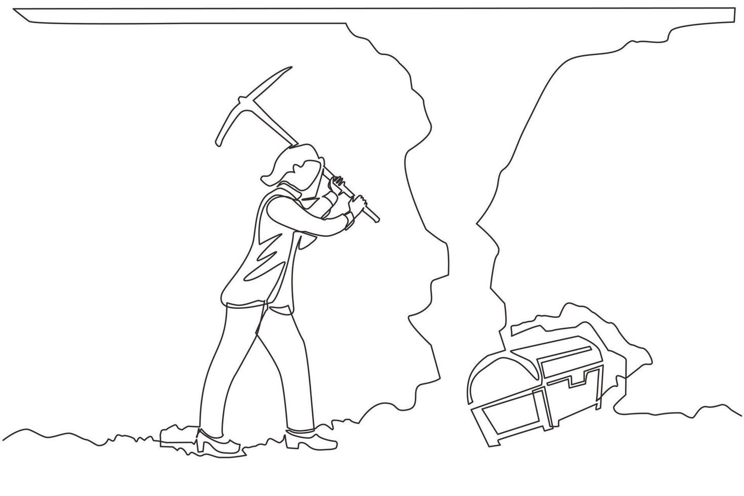 Single continuous line drawing businesswoman digging with pickaxe looking for hidden treasures. Woman digging and mining for treasure chest in underground tunnel. One line draw graphic design vector