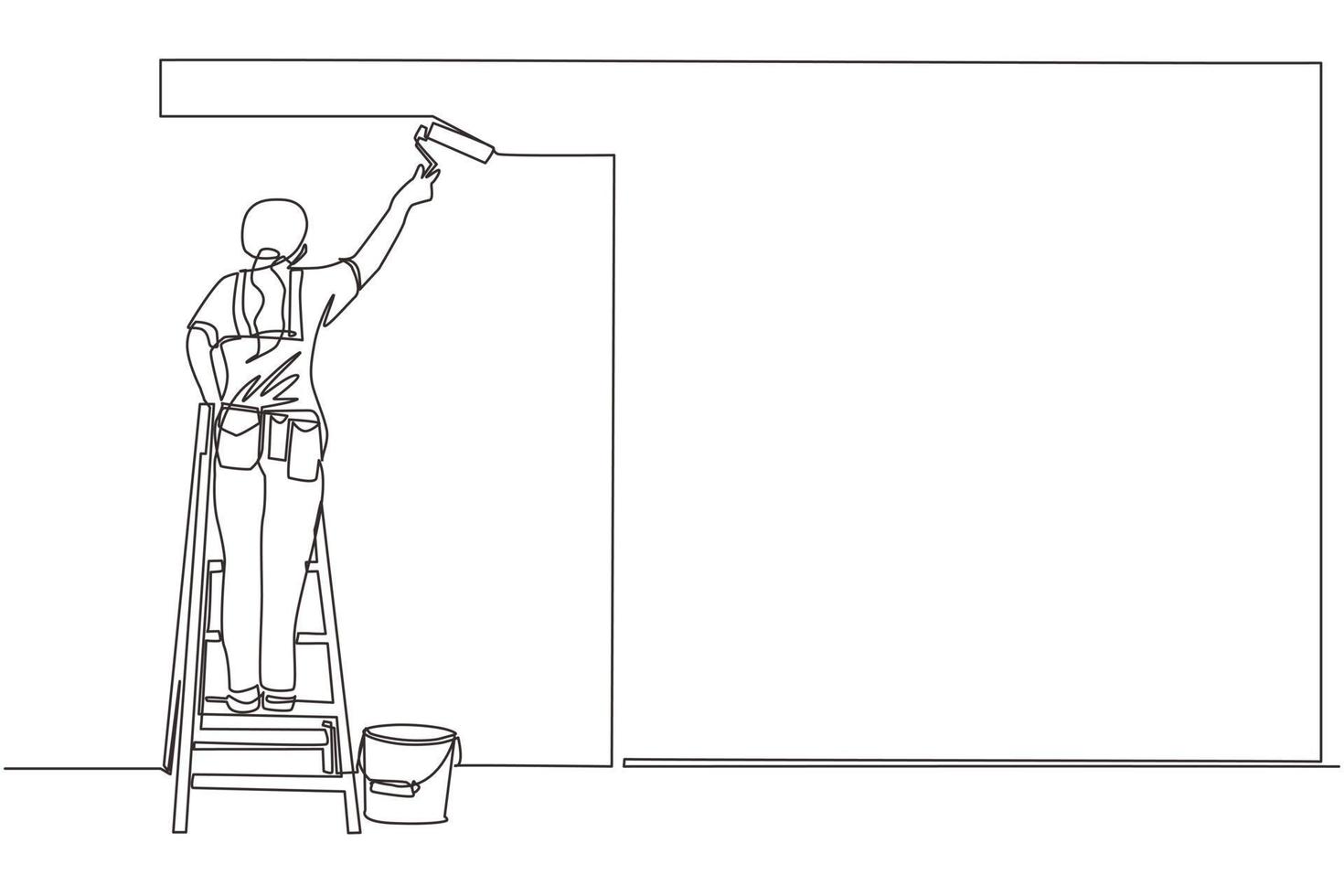 Continuous one line drawing painter standing on staircase paints wall. Woman is holding paint roller in hand. Human runs to provide construction work. Worker in uniform. Single line draw design vector