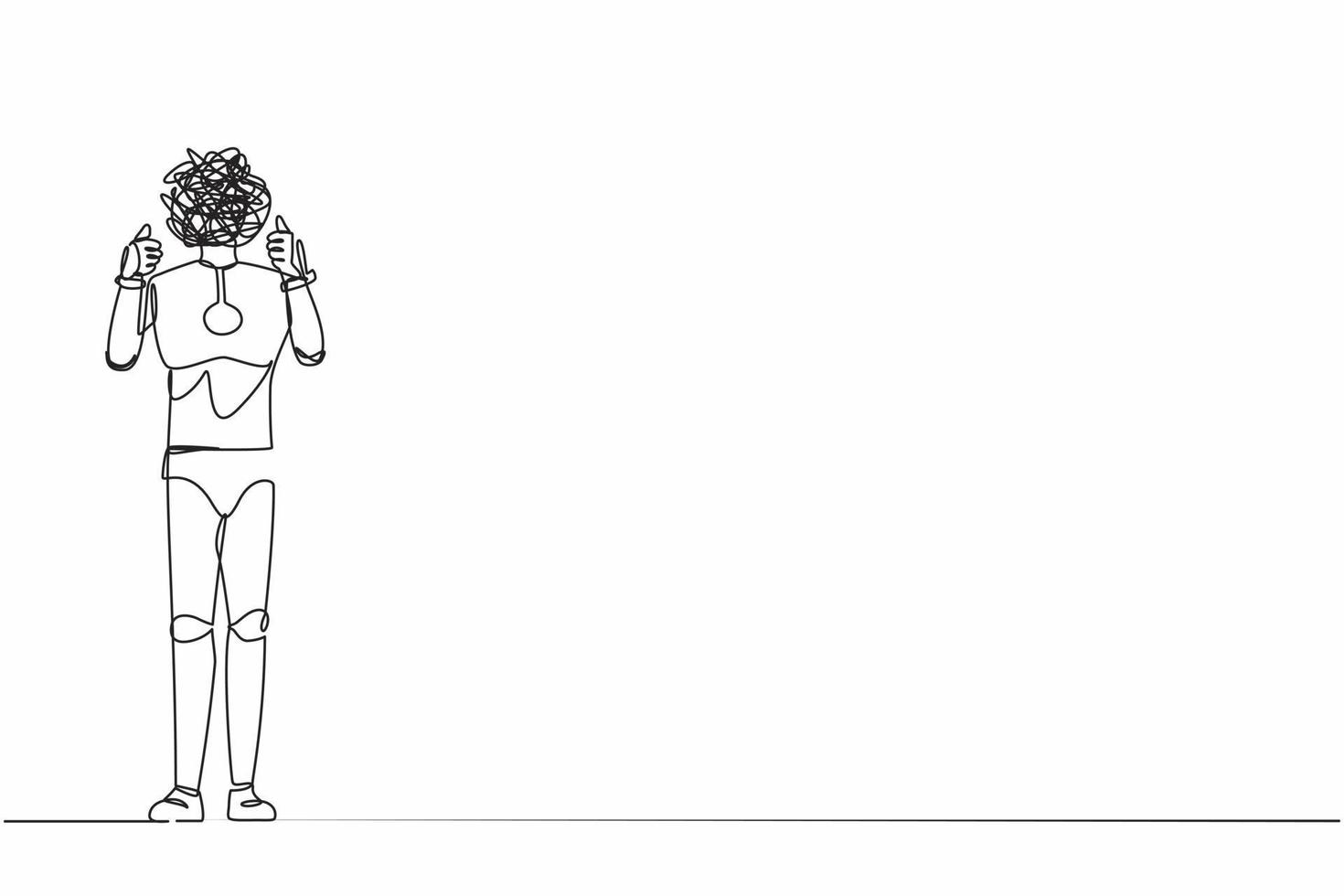 Single continuous line drawing robot with round scribbles instead of head. Confused robot standing and showing thumbs up gesture. Robotic artificial intelligence. One line design vector illustration