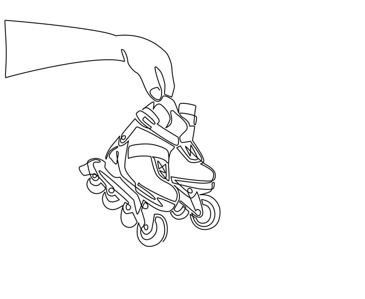 la mano del jugador de dibujo de una sola línea sostiene el patín. mano de hombre sosteniendo un par de viejos zapatos de patines en línea de plástico retro. deporte extremo clásico vintage. ilustración de vector de diseño de dibujo de línea continua