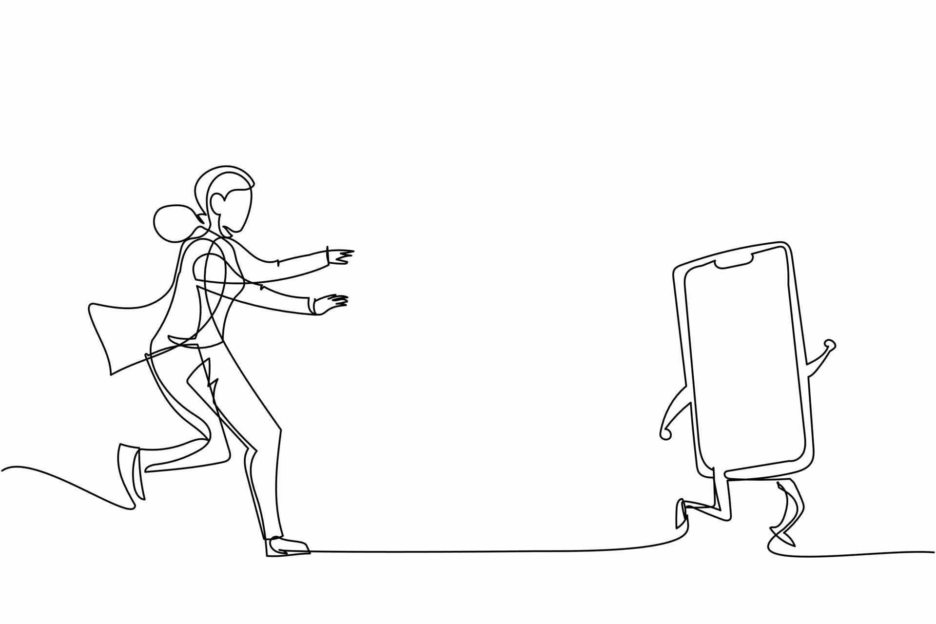 Single continuous line drawing businesswoman run chasing try to catch  smartphone. Concept of talking, communication, technology, speaking.  Business metaphor. One line draw design vector illustration 10348753 Vector  Art at Vecteezy