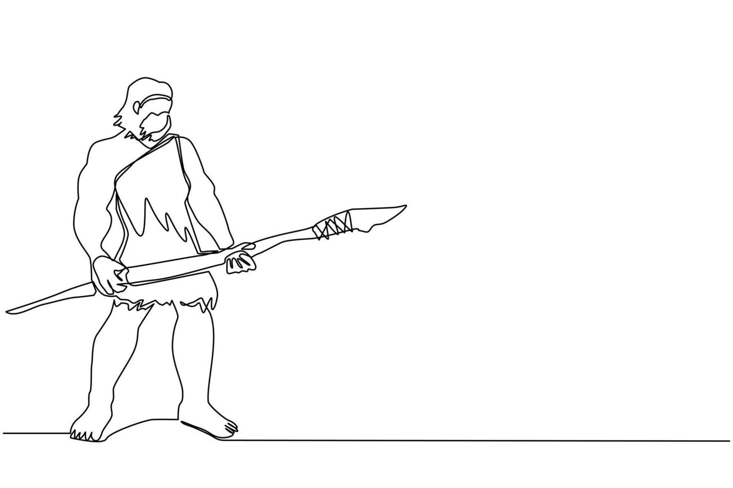 Continuous one line drawing caveman standing and holding big stone spear. Prehistoric bearded man dressed in animal pelt. Neanderthal hunter. Ancient homosapien. Single line draw design vector graphic